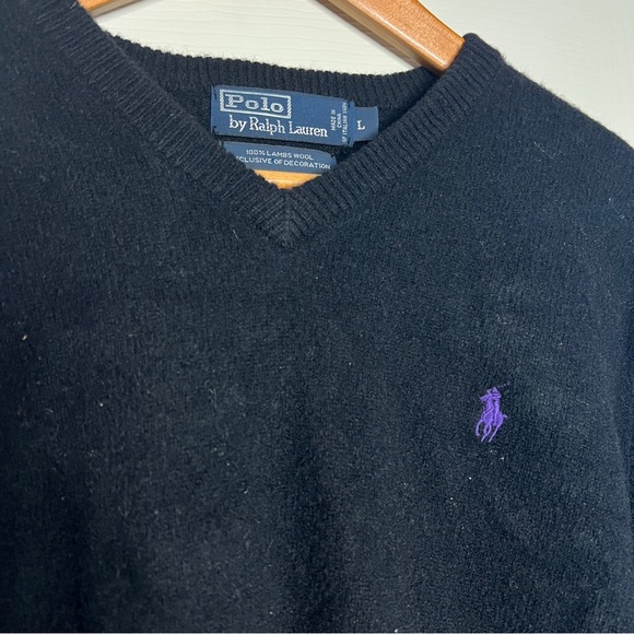 Polo Ralph Lauren V Neck Sweater 100% Lambs Wool Pullover Black Men's Size L - Picture 2 of 4